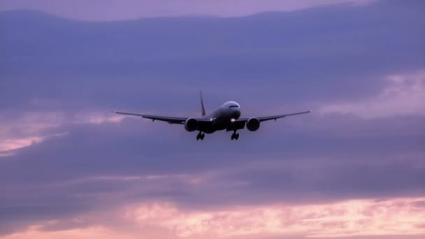 Αεροπλάνο στον ουρανό στο Dusk / Το αεροπλάνο τζετ προσγειώνεται στο αεροδρόμιο το σούρουπο - Πλάνα, βίντεο