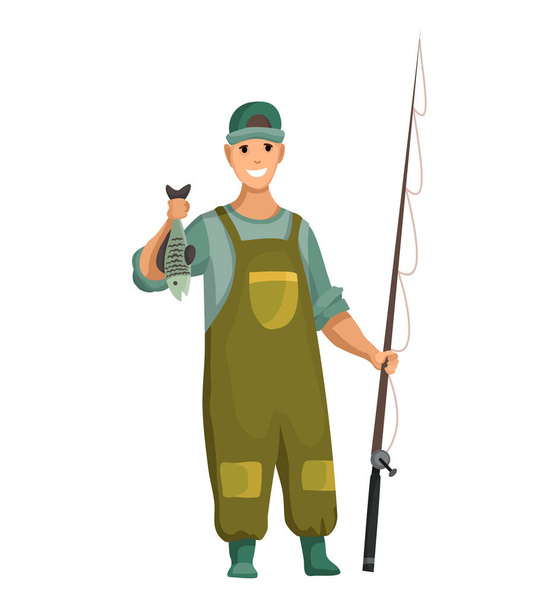 Young man in rubber suit and with fishing rod in his hands. Caughted fish in hand. Successful fishing - Vector, Image