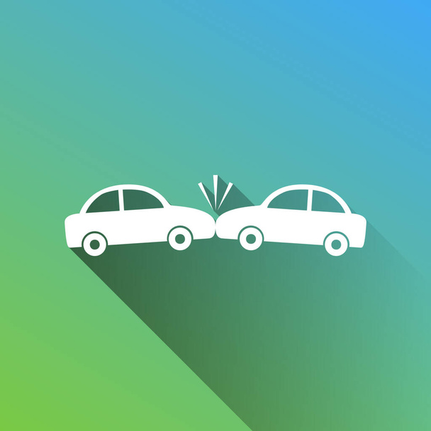 Abgestürzte Autos. Weiße Ikone mit grauem Schatten auf grünem bis blauem Hintergrund. - Vektor, Bild