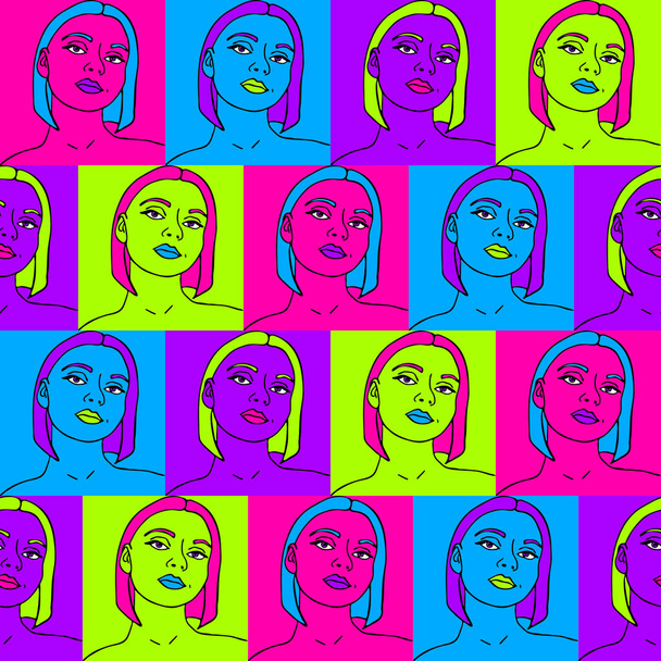 Seamless vector pattern with women face on neon colors. Be different attitude repeat wallpaper. Colorful squares with girls. Design for teenagers fashion. - Vector, Image