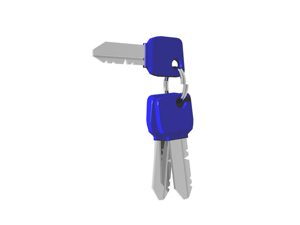 Breloczek z metalowymi kluczami i niebieskim wieczkiem - Zdjęcie, obraz