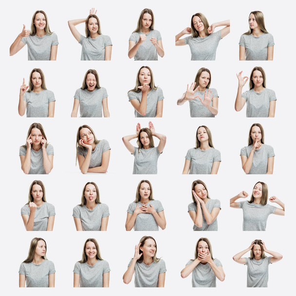 Conjunto de imagens de uma jovem com emoções diferentes. No fundo branco. Quadrado. Colagem
. - Foto, Imagem