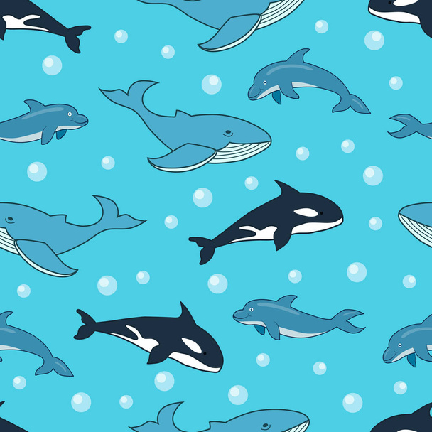 Płynny wzór zwierząt morskich ze ssakami oceanicznymi płetwal błękitny, wieloryb, delfiny. Projekt wzoru ssaków morskich - Wektor, obraz
