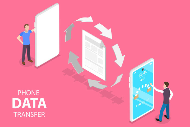 3D Isometric Flat Vector Concept of Phone Data Transfer, Online Synchronization App. - Vector, Image