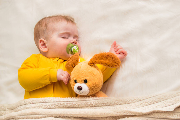 Close-up portrait of a sleeping infant in an embrace with a toy and a pacifier in his mouth. - Foto, Imagen