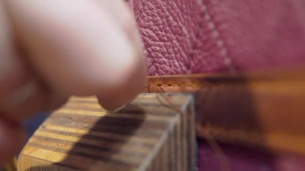 tailor sews Handmade leather bag. Leather Crafting, Artisan Crafts - Footage, Video