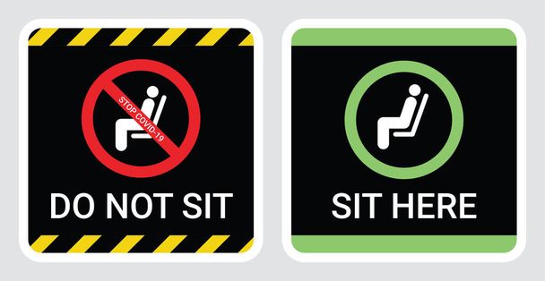 Будь ласка, не сідайте і не сідайте тут на знак, щоб запобігти пандемії Коронавірусу або Ковід-19. Тримайте дистанцію 6 футів або 2 метри фізично дистанції для крісла, сидіння, автобуса, метро, залізниці, трамвая, поїзда, фляги концепції - Вектор, зображення