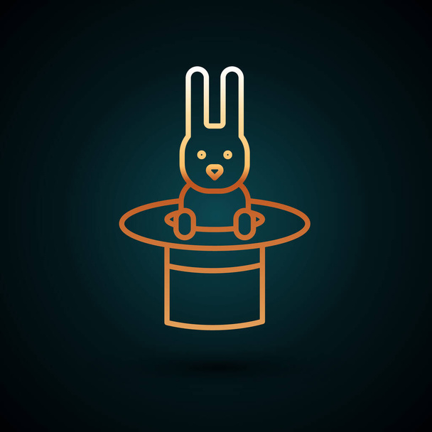 Gouden lijn Magician hoed en konijn pictogram geïsoleerd op donkerblauwe achtergrond. Magische truc. Mysterie entertainment concept. Vector Illustratie - Vector, afbeelding