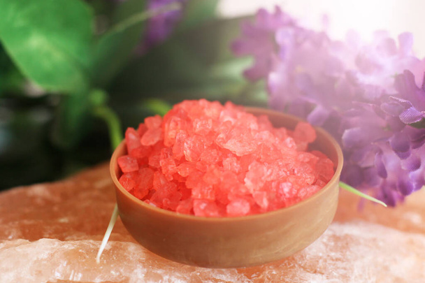 Red sea salt and purple flowers, beauty and health, style - Photo, Image
