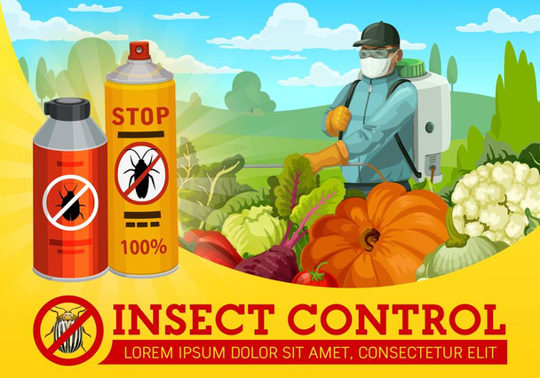 Insect and pest control. Worker spraying an insecticide with pressure sprayer against an insects. Pest control exterminator in protective mask. Field with vegetables. Colorado beetle prohibition sign - Vector, Image