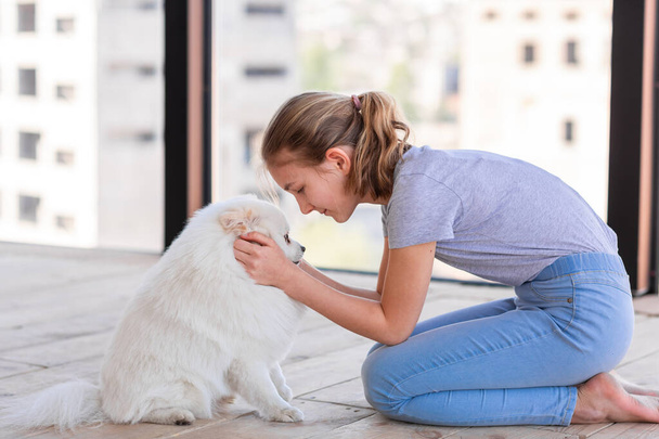 Cute teenage girl training her spitz dog at home. Best pet friend during coronavirus quarantine - Foto, immagini