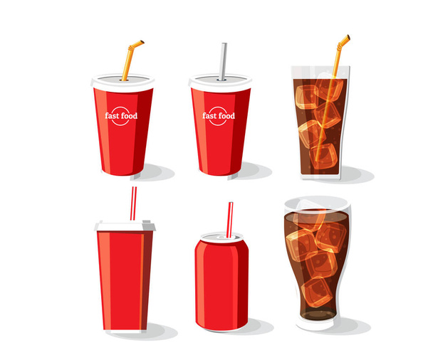 Soft drink bottle and glass, Cold coke drink with ice in a glass - Vector, Image