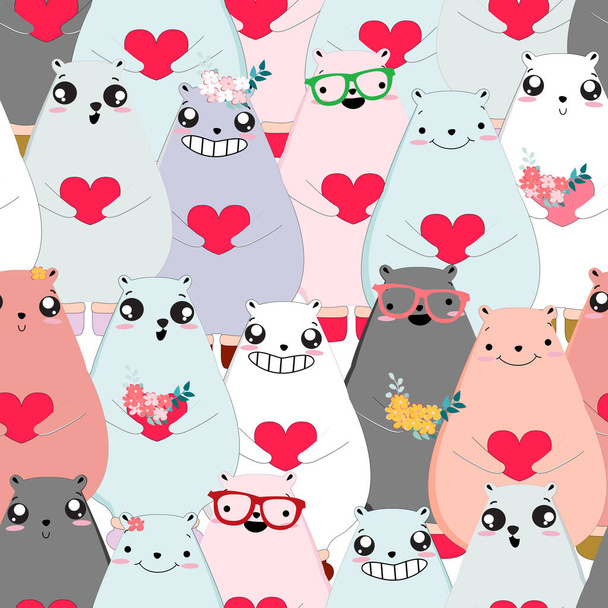 Απρόσκοπτη μοτίβο Χαριτωμένο ζώο κινουμένων σχεδίων Χαρακτήρας, Valentine αρκουδάκι - Διάνυσμα, εικόνα