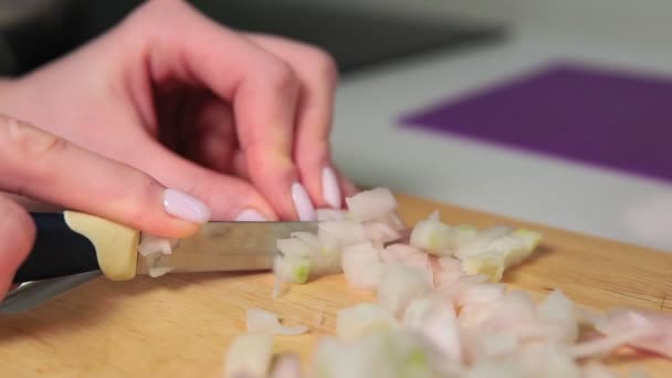 kobiety ręce posiekać cebulę na siekaniu Zarząd zamknąć selektywne ostrości - Materiał filmowy, wideo