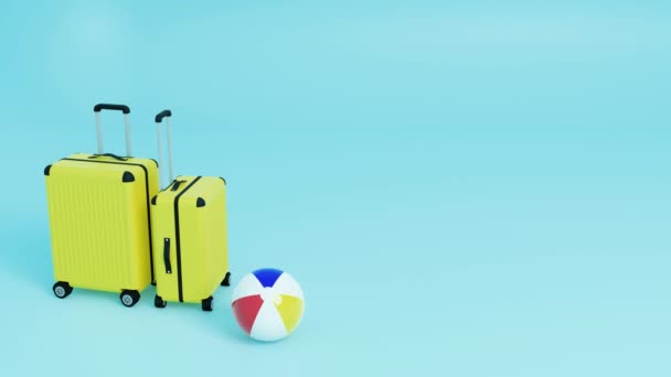 Mavi arka planda iki sarı bavul, bir top bavullara doğru yuvarlanıyor. Yaz ve tatil konsepti. 3 Boyutlu Canlandırma. - Video, Çekim