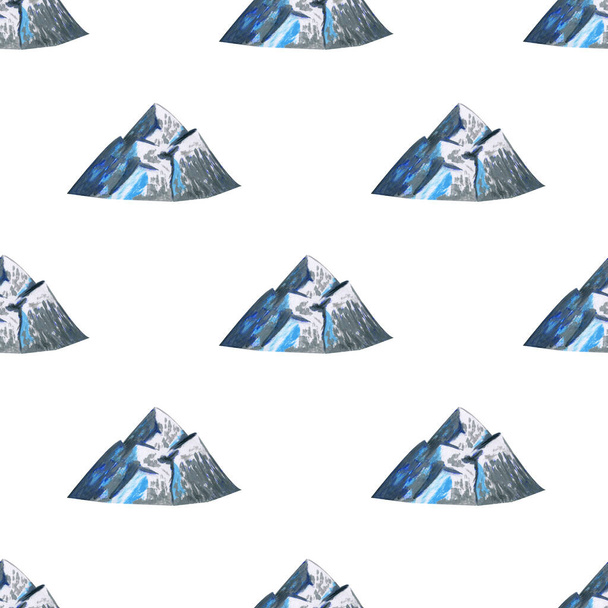 Nahtloses Muster mit grauen und blauen Bergen auf weißem Hintergrund. Handgezeichnete Aquarell-Gouache-Illustration im cartoon-realistischen Stil. Konzept aus Klettern, Natur, Wandern, Skifahren - Foto, Bild