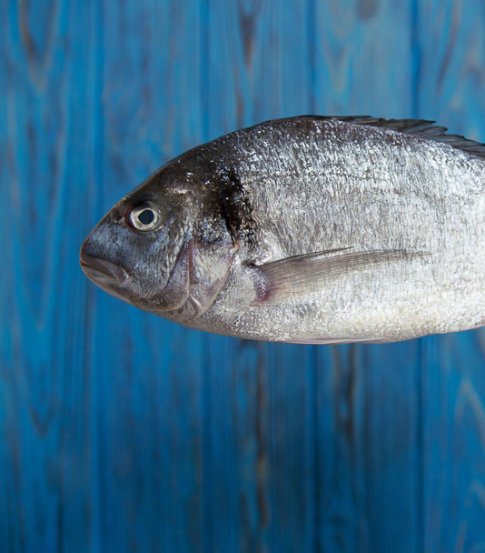 Рыба дорадо на голубом деревянном винтажном фоне. место для поиска рыбы рецепт
 - Фото, изображение