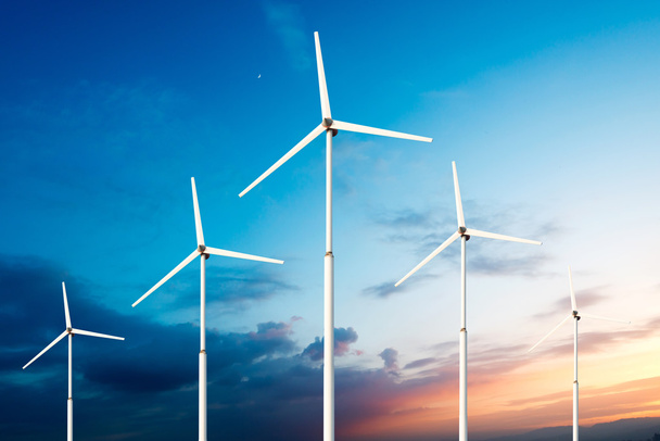 Концепція зеленої відновлюваної енергії - вітрогенераторні турбіни в небі
 - Фото, зображення