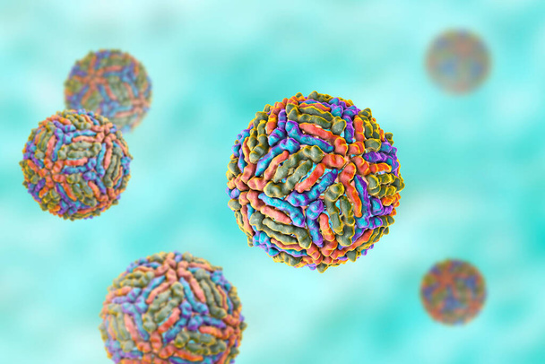 Ιός Δυτικού Νείλου, WNV, τρισδιάστατη απεικόνιση. Ένας ιός που μεταδίδεται από κουνούπια και προκαλεί πυρετό του Δυτικού Νείλου - Φωτογραφία, εικόνα