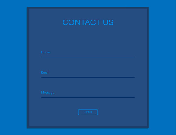 Contact us form in dark blue design. Template for feedback on web site. Name, email and message fields. Send me copy with checkmark text. Submit button in flat design. Blank web page for feedback. - Vector, Image