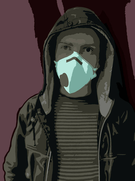 Um jovem em um respirador com uma válvula ou máscara, vestido com um casaco com um capuz, fica contra uma parede roxa
. - Vetor, Imagem