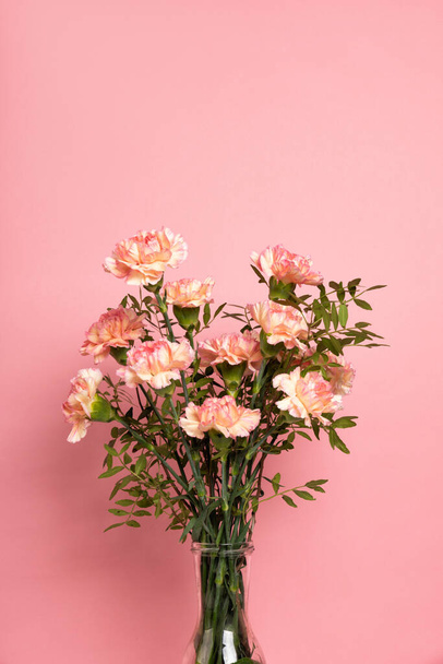 Ваза с красивым розовым цветком гвоздики на белом столе. Пастельный розовый фон, место для копирования текста
 - Фото, изображение