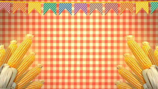 Festa Junina background, Brazilian Saint John party. Decoration with corn cobs and colored flags. - Photo, Image