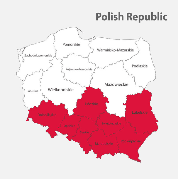 Χάρτης της Πολωνίας στα χρώματα της σημαίας με διοικητικές διαιρέσεις διάνυσμα - Διάνυσμα, εικόνα