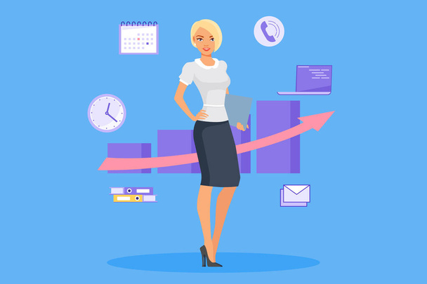 Businesswoman posing and business concept icons and bar chart graph diagram around a girl on a blue background. Business, finance, and success concept. Flat style vector illustration - Vector, Image