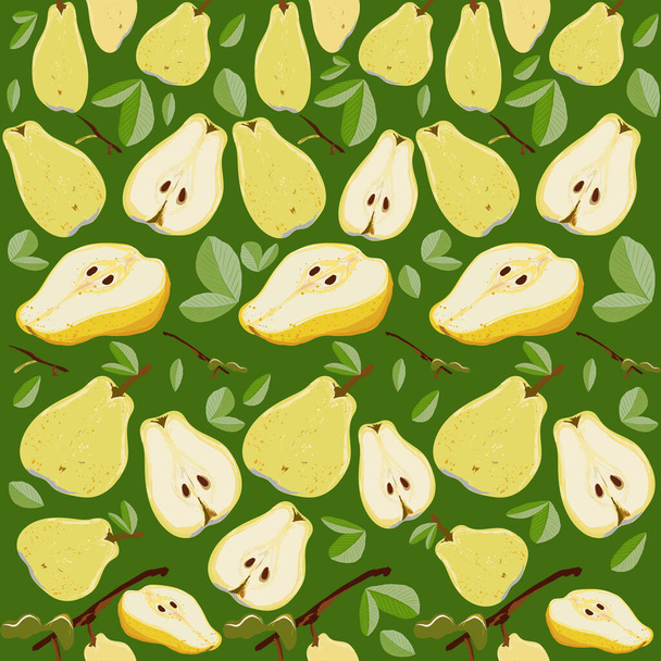 Amarelo e laranja pêras cortadas suculentas com folhas padrão sem costura em um fundo verde. Padrão interminável de frutas de verão, design para papéis de parede, tecidos, têxteis, embalagens. - Vetor, Imagem