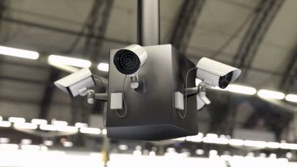 Felügyeleti rendszer és biztonsági kamerák pásztázzák a nyilvános területet, 3D animáció - Felvétel, videó