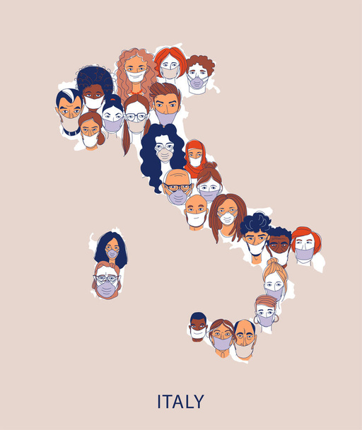Ενήλικες γυναίκες άνδρες παιδιά Ποικίλλει πλήθος ανθρώπων που φορούν ιατρικές μάσκες μοτίβο υπόβαθρο. Προστασία και precention μόλυνση coronavirus. Χάρτης της Ιταλίας Γραμμικό σχέδιο εικονογράφηση φορέα doodle αφίσα - Διάνυσμα, εικόνα