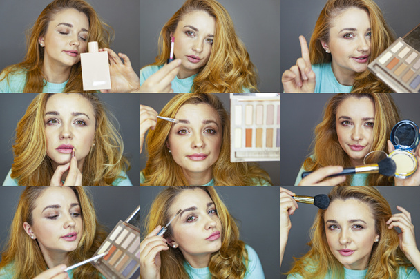 O blogueiro de beleza está testando maquiagem. Uma jovem aconselha maquiagem. A menina mostra como aplicar maquiagem. Colagem de nove fotos de uma menina
. - Foto, Imagem