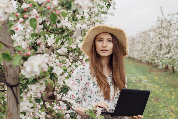 Girl in a straw hat and dress in the garden. Woman with a laptop and a flowering tree in the garden. Portrait. - Photo, Image