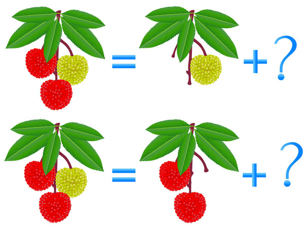 Educational games for children, on the composition of the three, example with strawberry. - Vector, Image