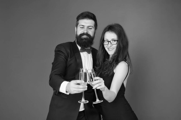 Get into holiday mood. Happy family celebrate Valentines day. Couple in love raise champagne glasses. Enjoying holiday party. Holiday celebration. Tasty holiday drink. Birthday anniversary - Foto, afbeelding