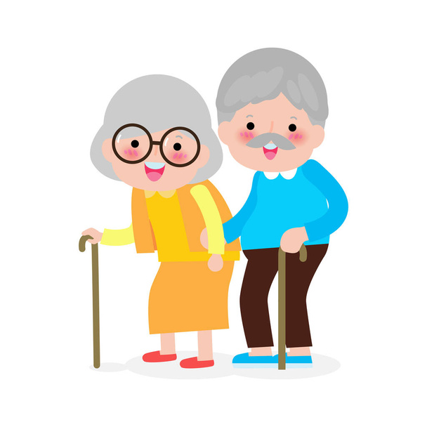pareja de ancianos cogidos de la mano, abuelos felices, ancianos, senior en estilo de dibujos animados aislados sobre fondo blanco ilustración vectorial
 - Vector, imagen