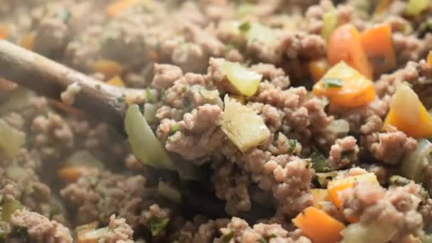 Gotowanie mięsa mielonego z warzywami do sosu - Materiał filmowy, wideo