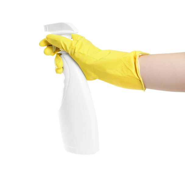 Person in rubber glove with detergent spray on white background, closeup of hand - Photo, Image