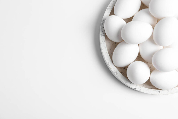 Fresh chicken eggs on white background, top view. Space for text - Fotografie, Obrázek
