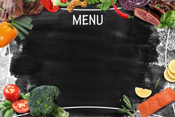 Design of menu with black board and different products, space for text - Photo, Image