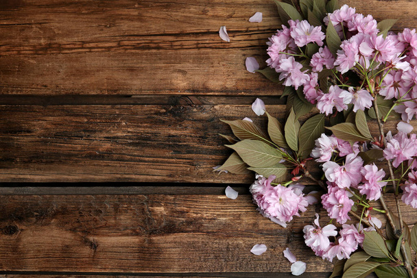 Sakura tree branch with beautiful blossom on wooden background, space for text. Japanese cherry - Fotografie, Obrázek