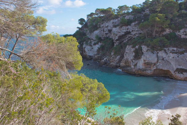 Southern cove of minorca situated between rocks with a lot of vegetation and transparent waters - Photo, Image