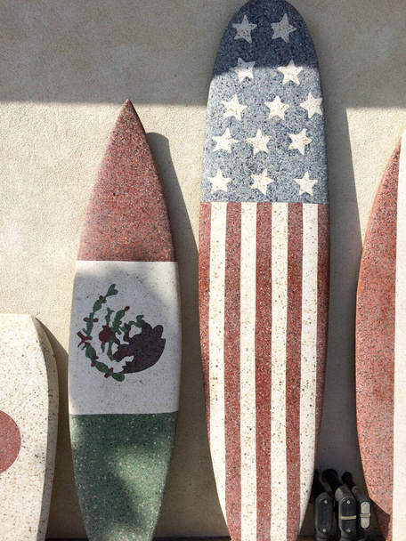 Surfboards with American and Mexico flag at beach sunny day sport - Photo, Image