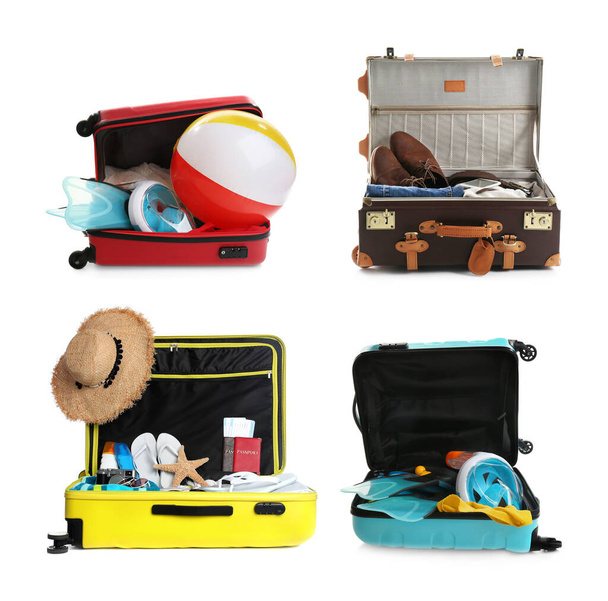 Set of different suitcases packed for travelling on white background - Fotografie, Obrázek