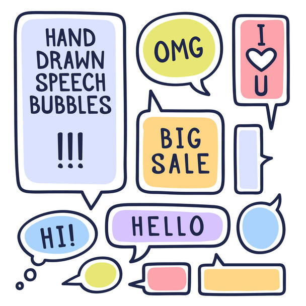 Kézzel rajzolt doodle beszéd buborékok hangsúllyal, tele festék stroke-ok és példamutató szövegek Nagy eladó, Hello, Hi, love you ". Vektorillusztráció. - Vektor, kép