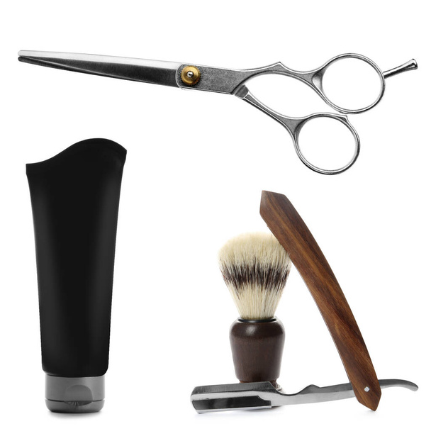 Set with shaving accessories for men on white background - Foto, Imagem