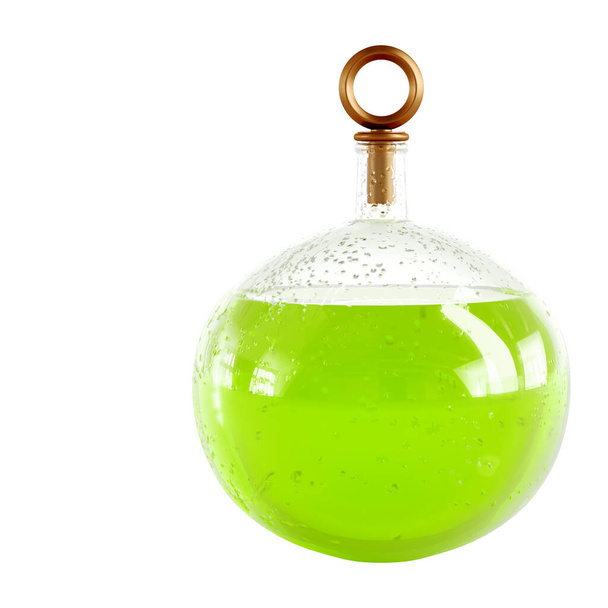 Round glass carafe with green liquid and drops on the glass on a white background 3d rendering - Photo, image