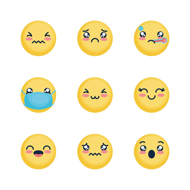 trieste emoji en emoji gezichten icoon set, platte stijl - Vector, afbeelding