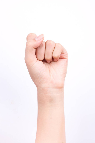 Finger Hand Symbole Konzept Fäuste Handvoll stark und Kapitulation isoliert auf weißem Hintergrund - Foto, Bild